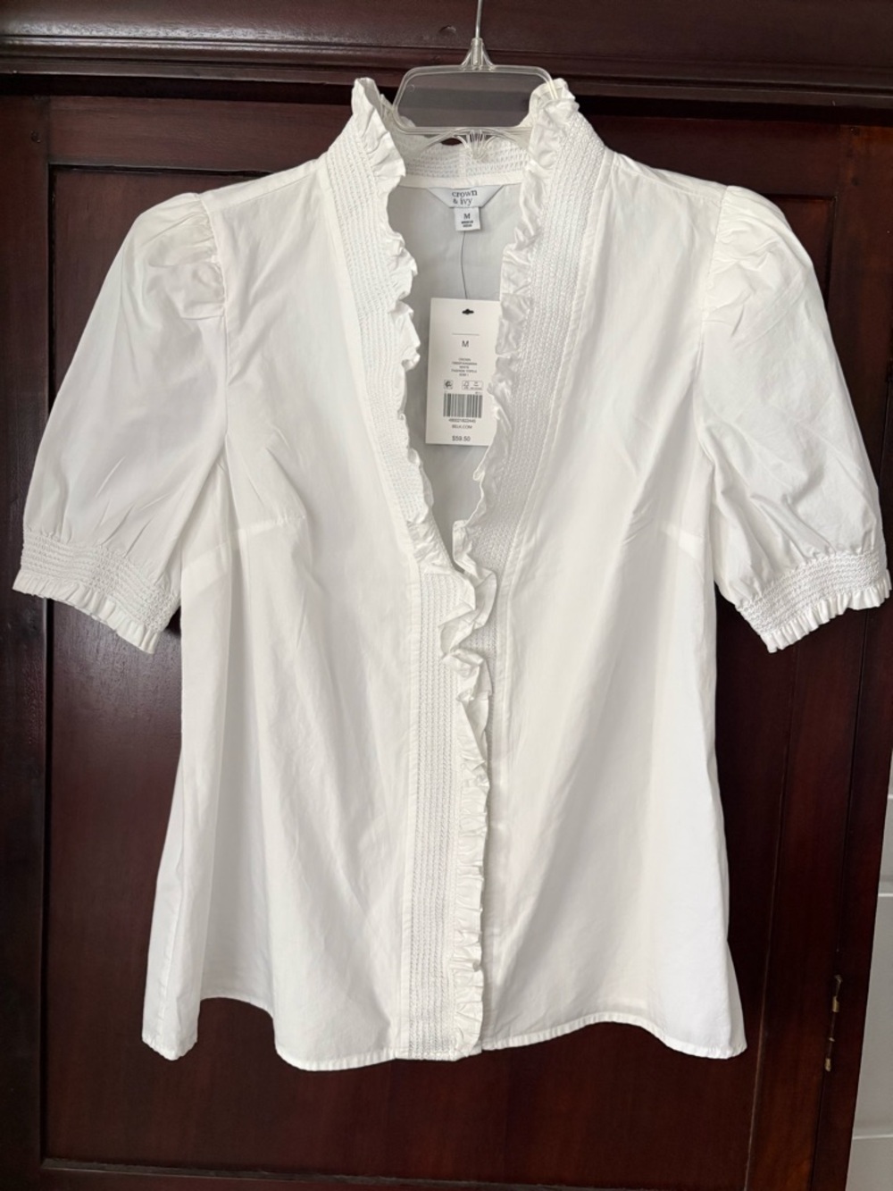 Crown & Ivy White Ruffle-Trim Puff Sleeve Blouse. Size M. Brand new with tags.